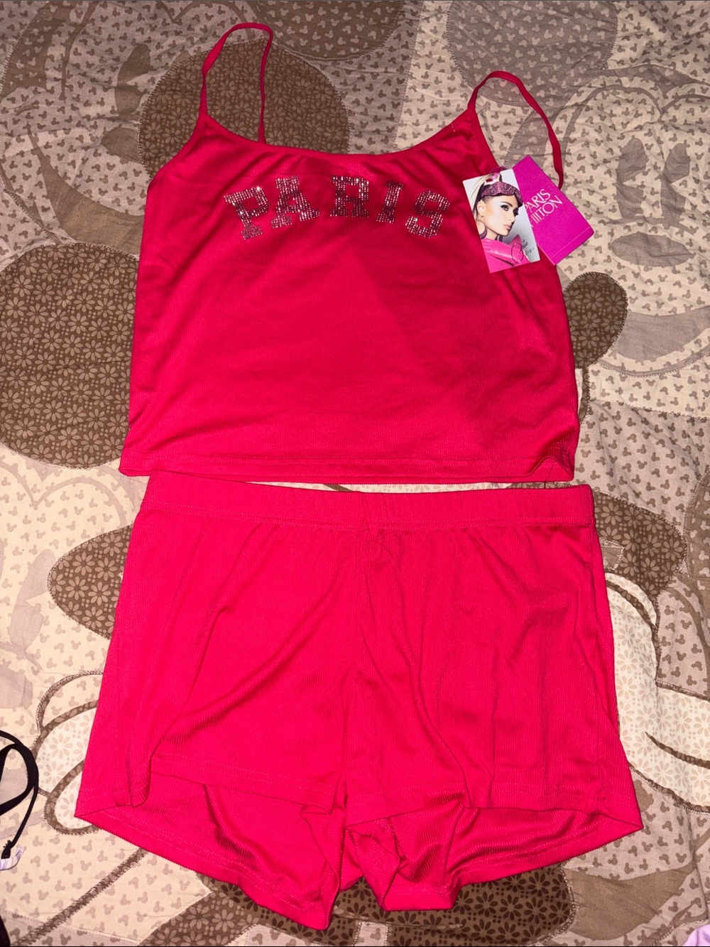 Paris Hilton Hot Pink Ribbed Cami & Short Pajama Set with Rhinestone Logo